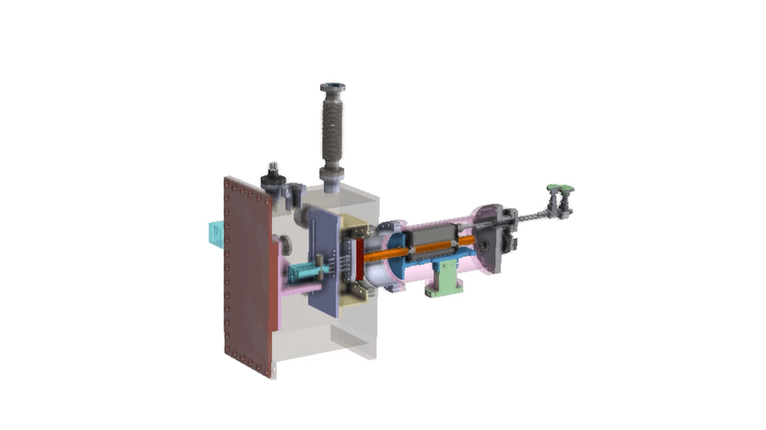 3D CAD animation of a mechanical insertion device driving a rod and plate to perforate batteries in a sealed chamber [GIF]