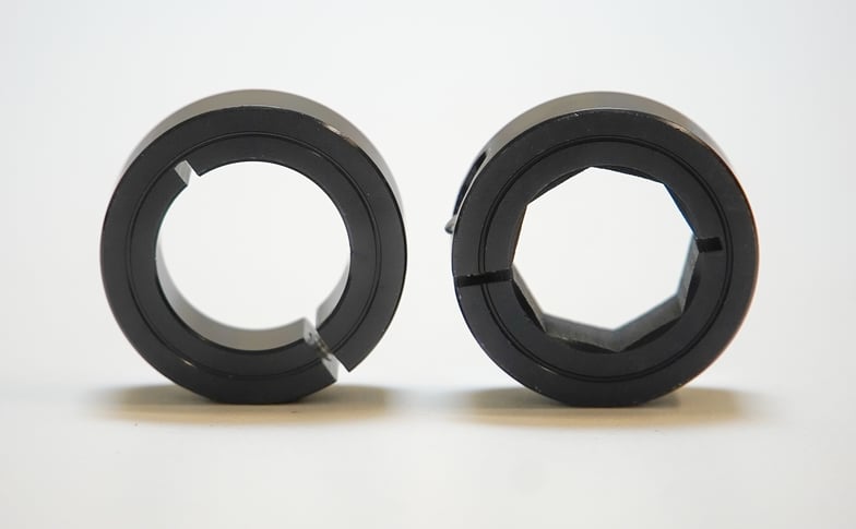 An image showing an ORCA™ Series Smart Linear Motor standard shaft collar on the right, and an ORCA Motor Octagon Shaft Collar on the left