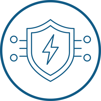 An icon illustration depicturing a shield with a lightning bolt through it to communicate hardware protection 