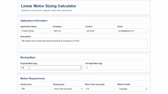 Inputting values into linear motor sizing tool calculator [GIF]
