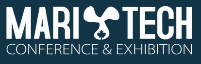 Logo for Mari-Tech Conference & Exhibition featuring white text on a dark blue background, with a ship propeller and maple leaf icon