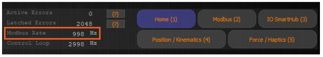 An interface dashboard displaying system parameters and control buttons, with "Modbus Rate" of "998 Hz" highlighted inside an orange box next to a "Control Loop" rate of "2998 Hz".