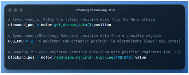 A Python code block titled "Streaming vs Blocking Calls" showing examples comparing asynchronous streaming data collection using get_stream_data() to synchronous, blocking register-read requests using read_wide_register_blocking().