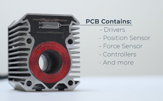 Linear tubular motor cut in half exposing PCB and coil winding