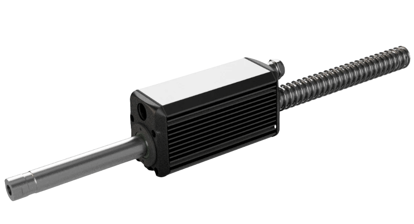 Iris Dynamics ORCA™ Smart Linear Motor with a black ribbed body and extending silver shaft, isolated on a white background 