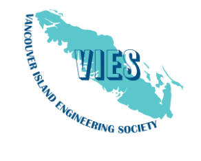 Logo for the Vancouver Island Engineering Society (VIES) featuring a teal silhouette of Vancouver Island with the acronym "VIES" in the center and the full organization name curving along the bottom.