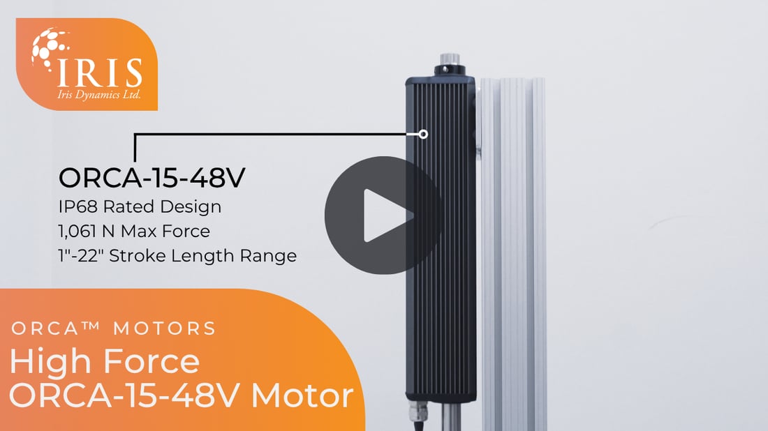 Promotional graphic for the Iris Dynamics ORCA-15-48V linear motor, showing specifications and a video play icon