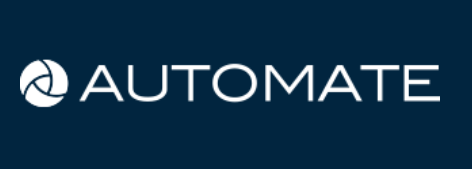 Logo for Automate featuring the word in white, modern uppercase letters. To the left is a circular white icon containing three interlocking curved segments, all set against a dark blue background