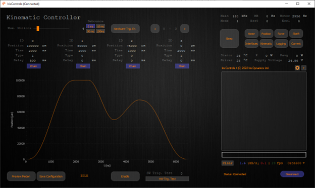 A screenshot of the Kinematic Controller GUI for Orca Series electric linear motors.
