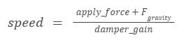 Equation demonstrating how approach speed is calculated based on the ration of total downward force - composed of applied force and gravity - to the damper gain