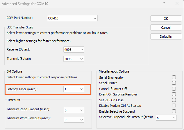 Windows "Advanced Settings for COM10" dialog box, with the "Latency Timer (msec)" option set to "1" and highlighted in an orange box.