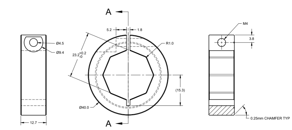 A graphic showing the dimensions of the ORCA Motor Octagon Shaft Collar
