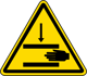 Yellow triangular warning sign showing a hand being crushed from above, indicating a hand-crush hazard.