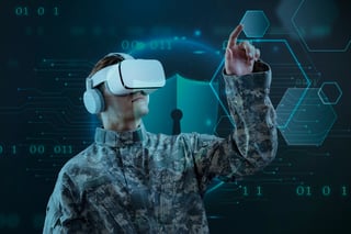 A soldier reaches towards a virtual button while wearing a VR headset shows the advantages of virtual reality in military training.